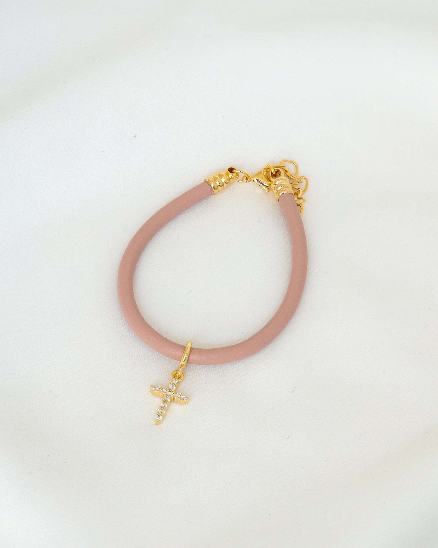 Pulseira Courino Rosé com Cruz Microcravejada