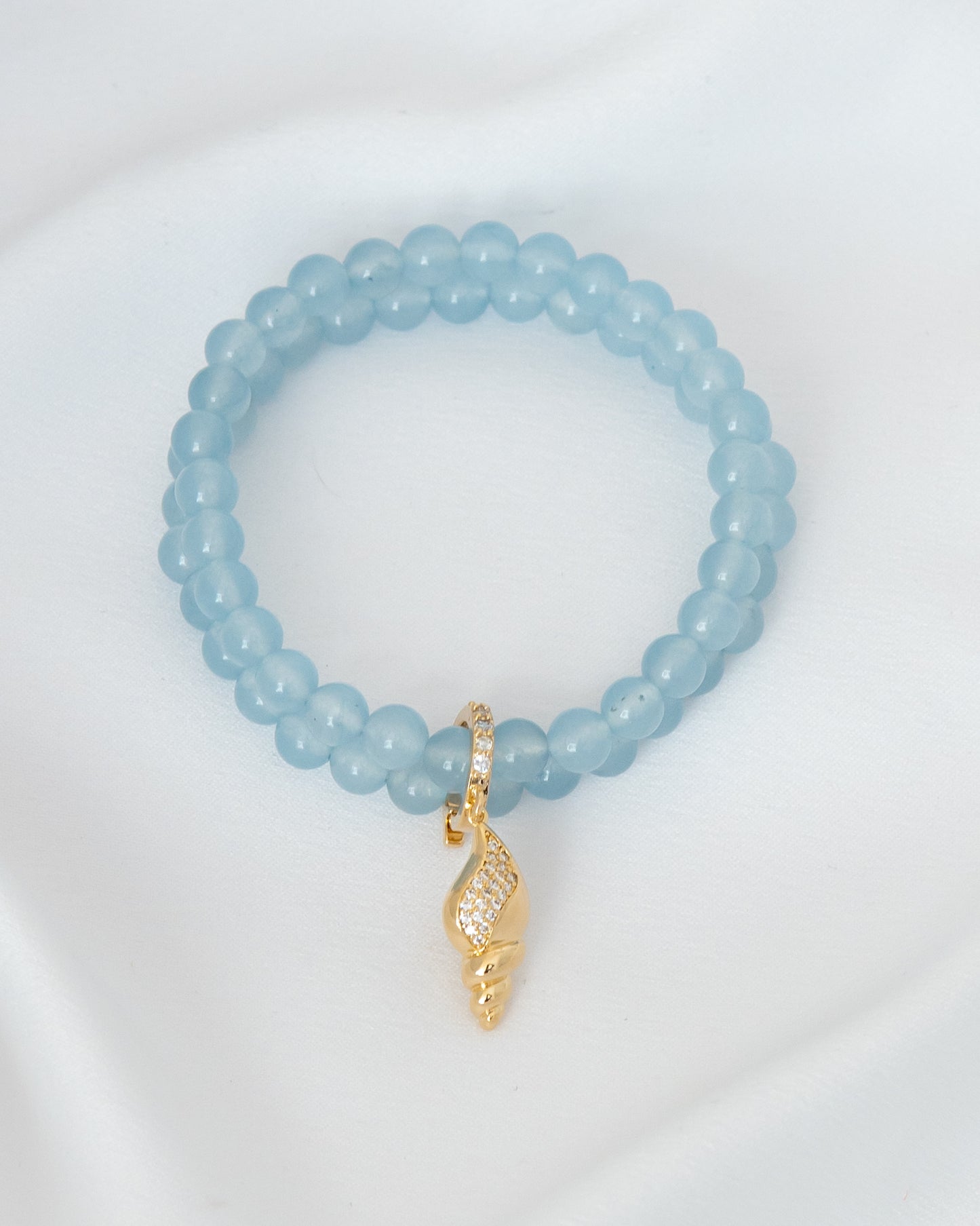 Pulseira Dupla Pedra Natural Jade Azul com Pingente Removível Concha Oval