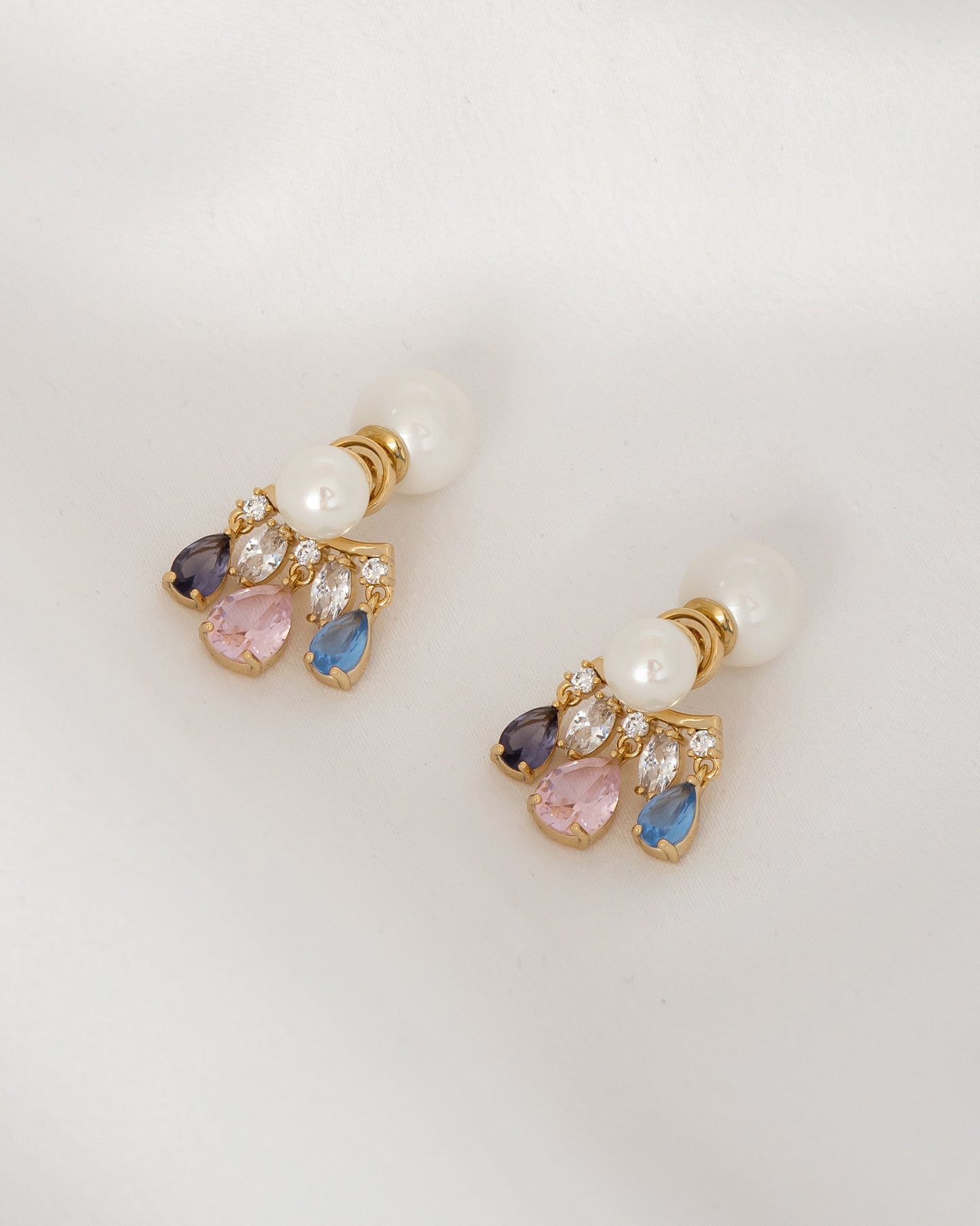Brinco Ear Jacket Pérolas e Zircônias Gotas Coloridas