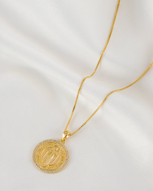 Colar Medalha de São Bento Dupla Face 2cm com Borda Microcravejada