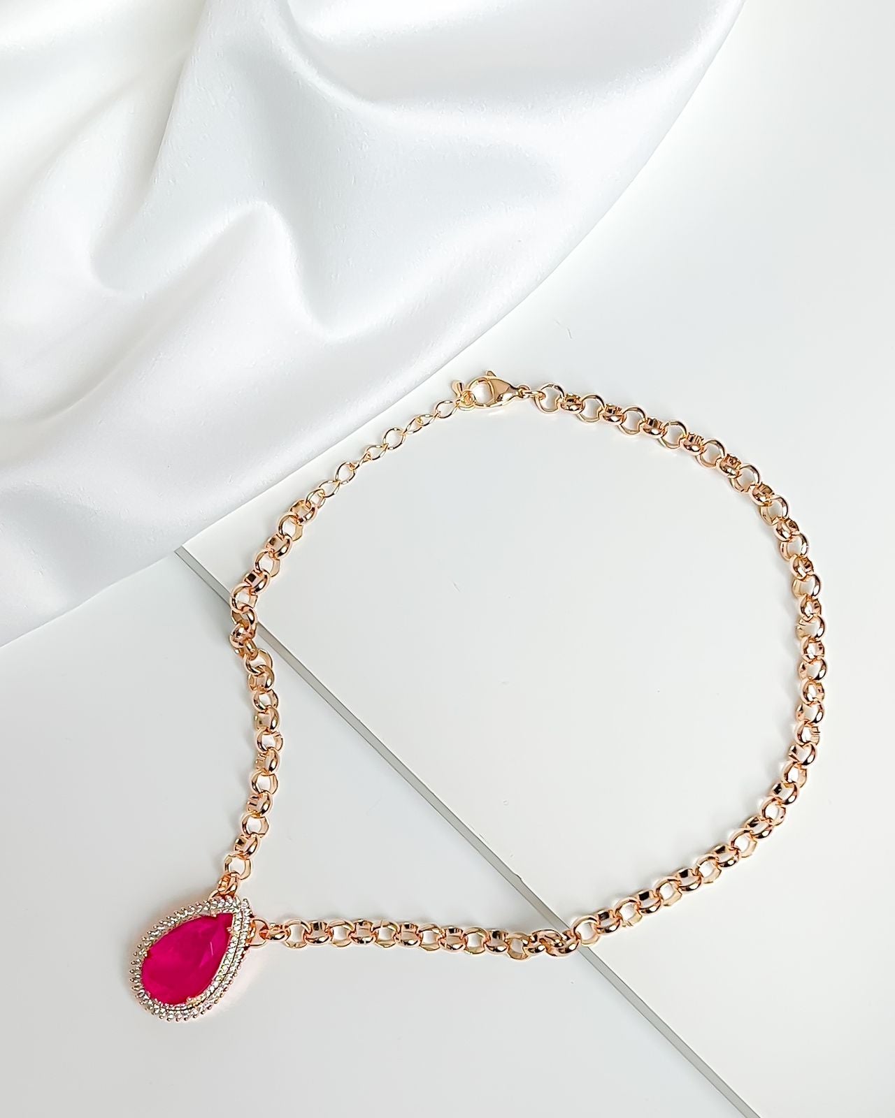 Colar Luxo Gota 3cm Fusion Pink e Zircônias Cristais
