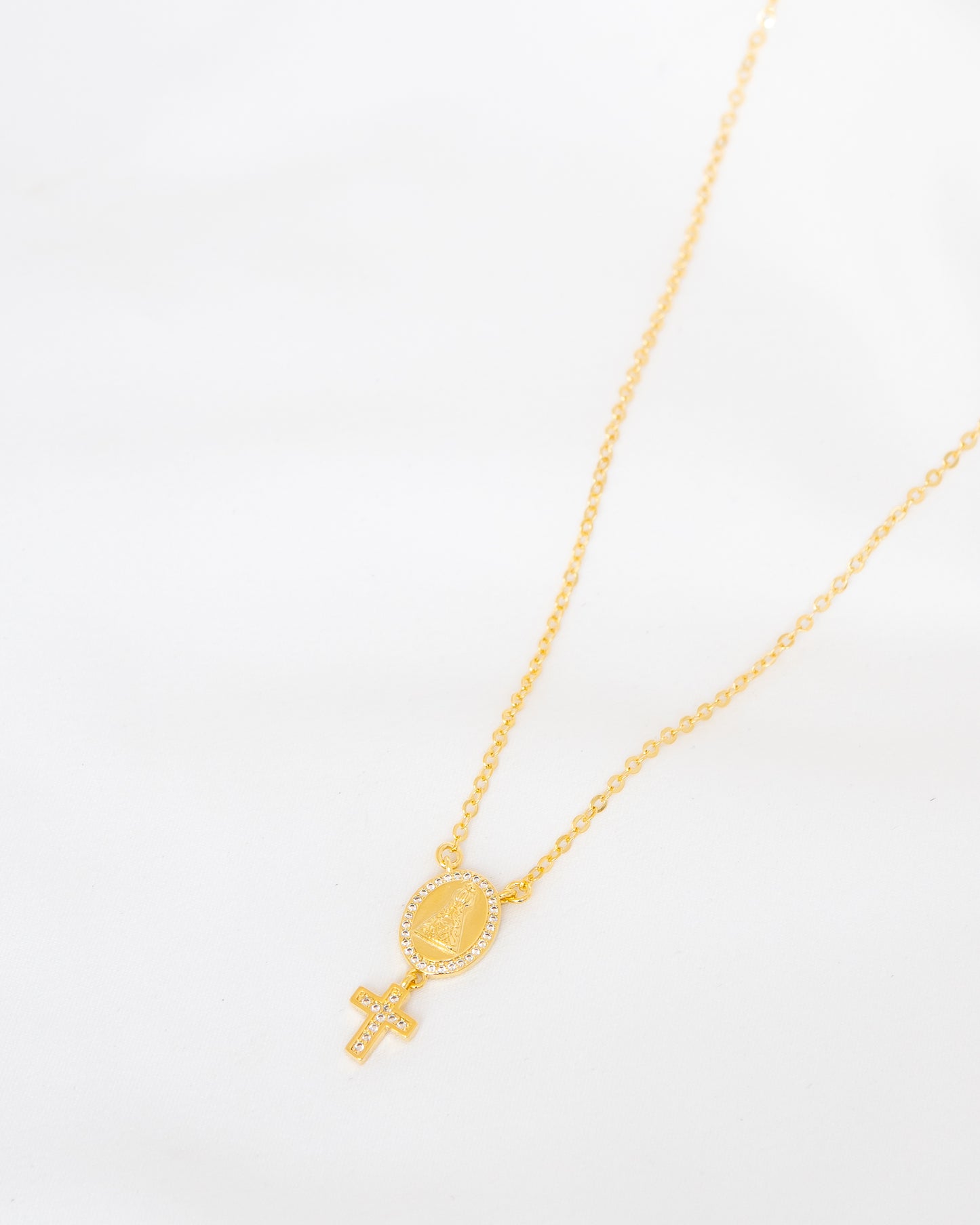 Colar com Pingente Fixo 2,2cm Nossa Senhora Aparecida com Cruz