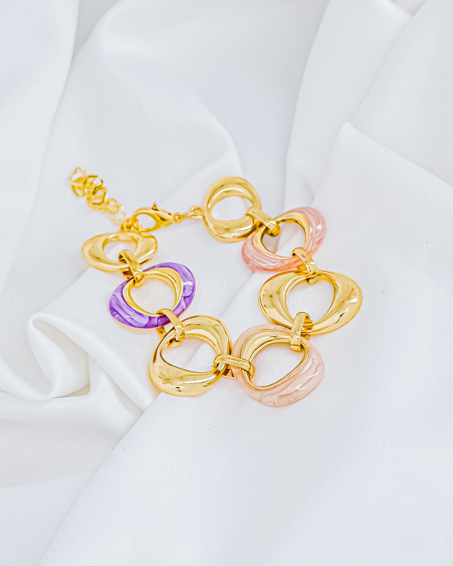 Pulseira Elos Ovais Resina Rosa e Roxo