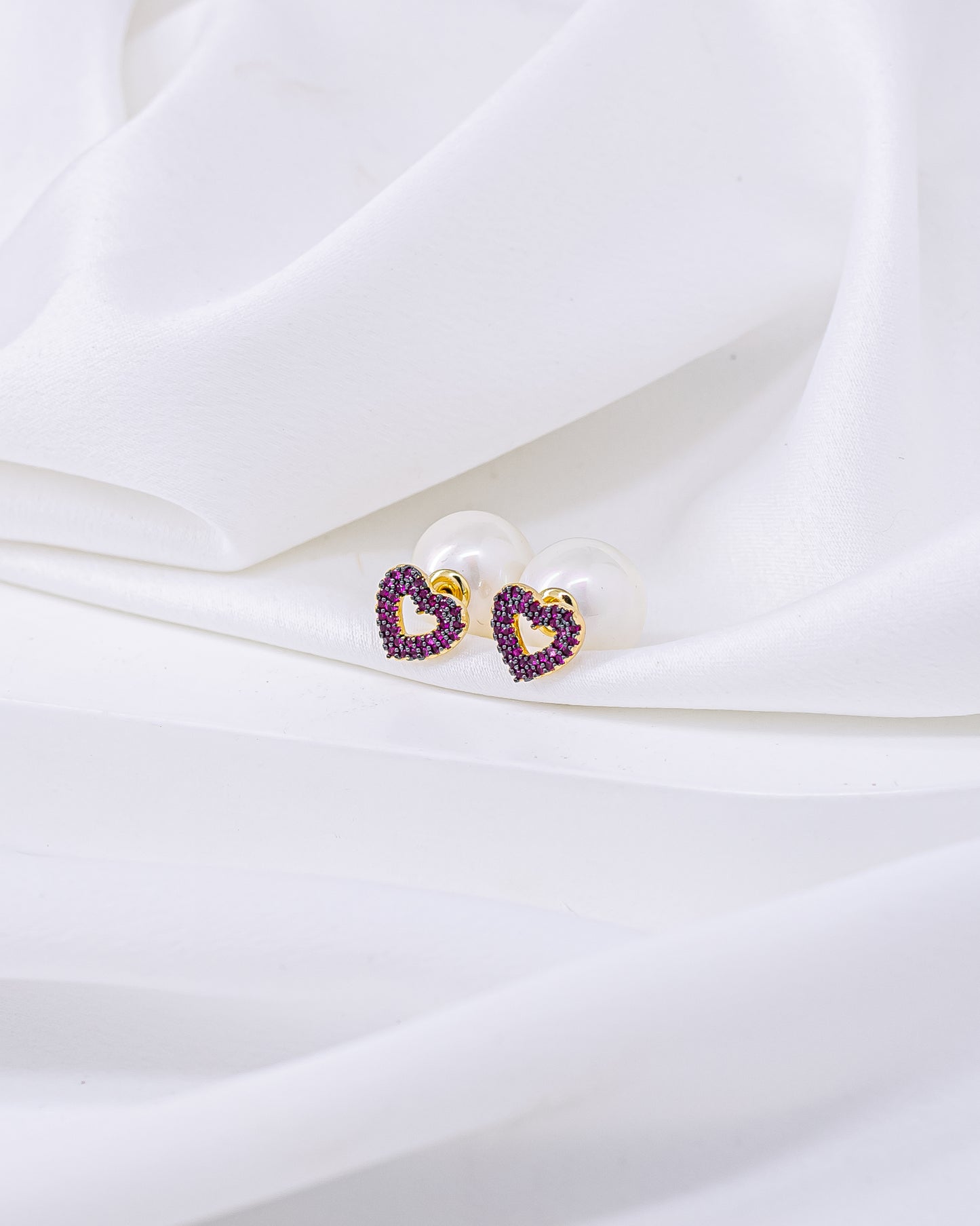 Brinco Ear Jacket Pérola com Coração Zircônia Pink