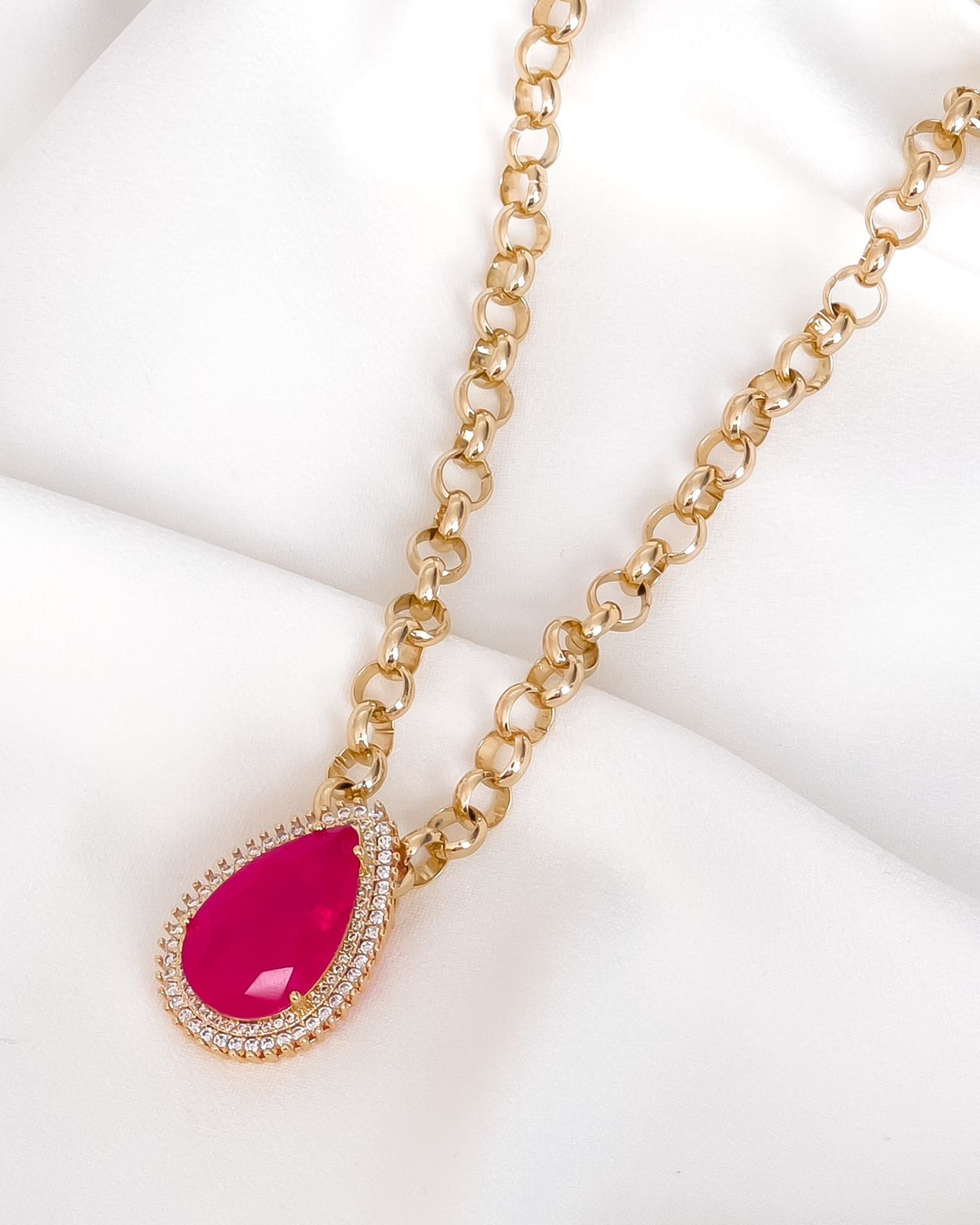 Colar Luxo Gota 3cm Fusion Pink e Zircônias Cristais