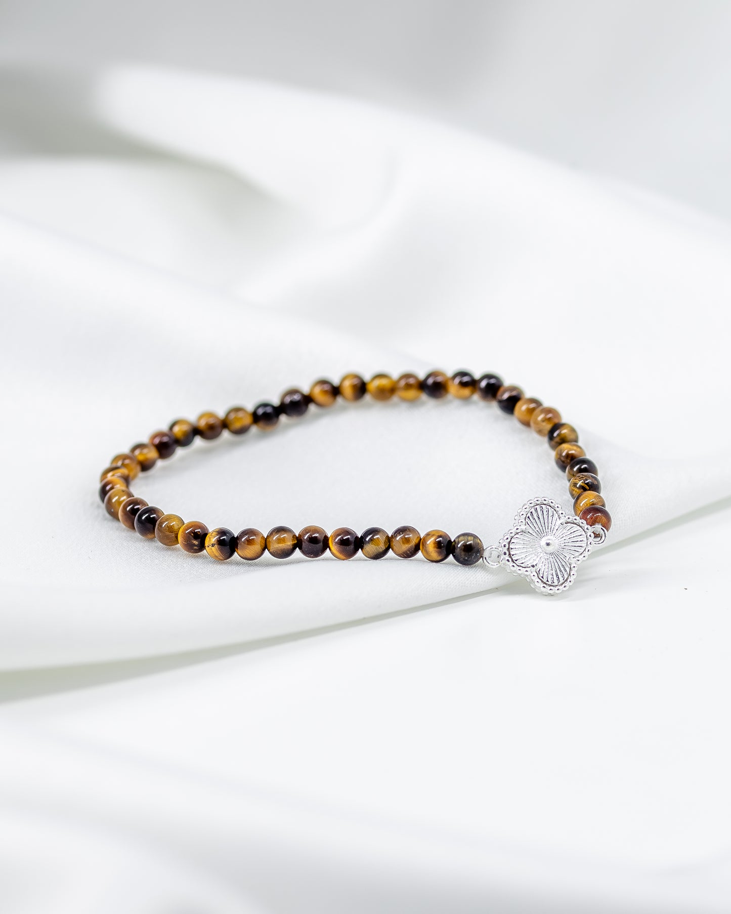 Pulseira Pedra Natural Olho de Tigre com Trevo em Prata 925