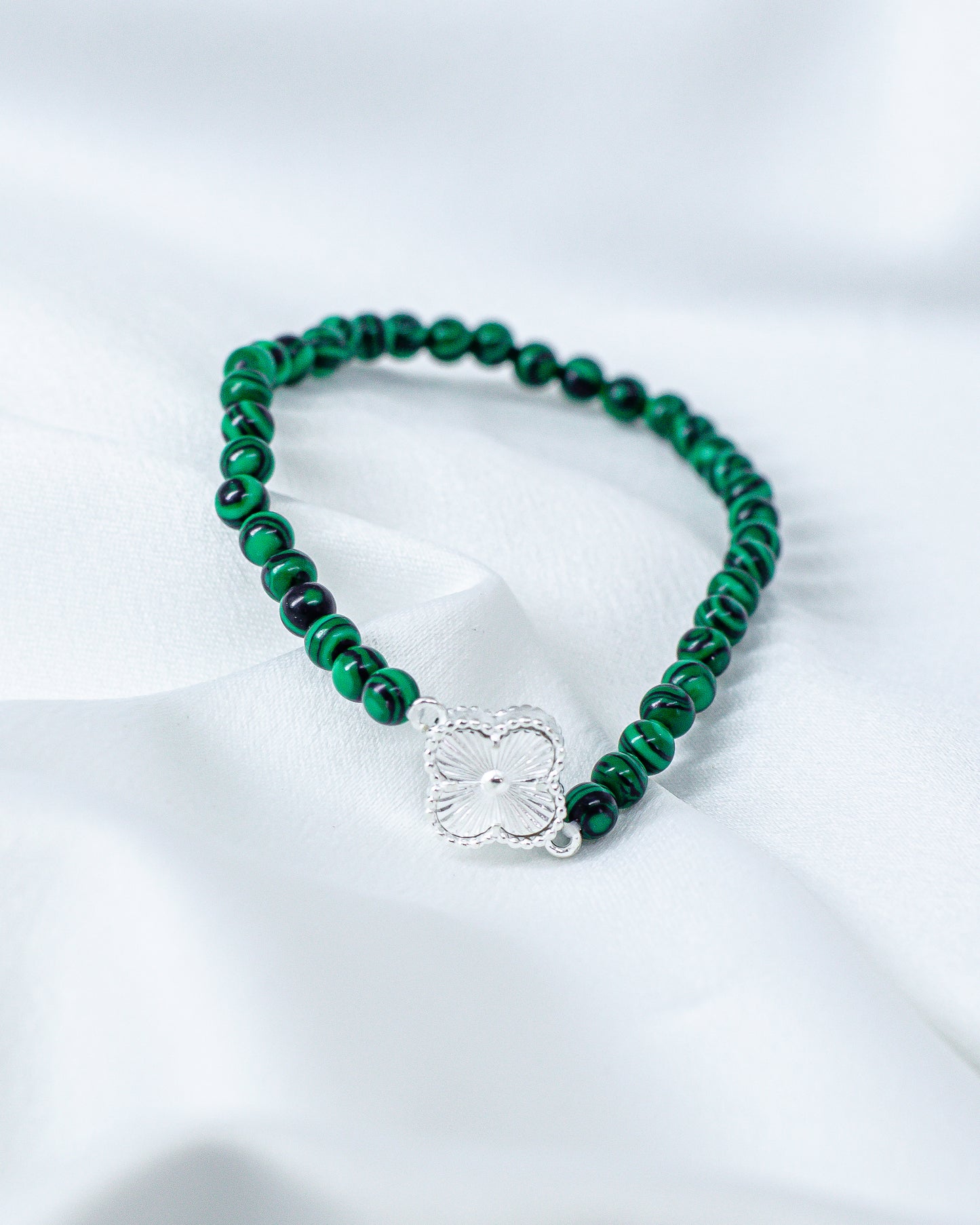 Pulseira Pedra Natural Malaquita com Trevo em Prata 925