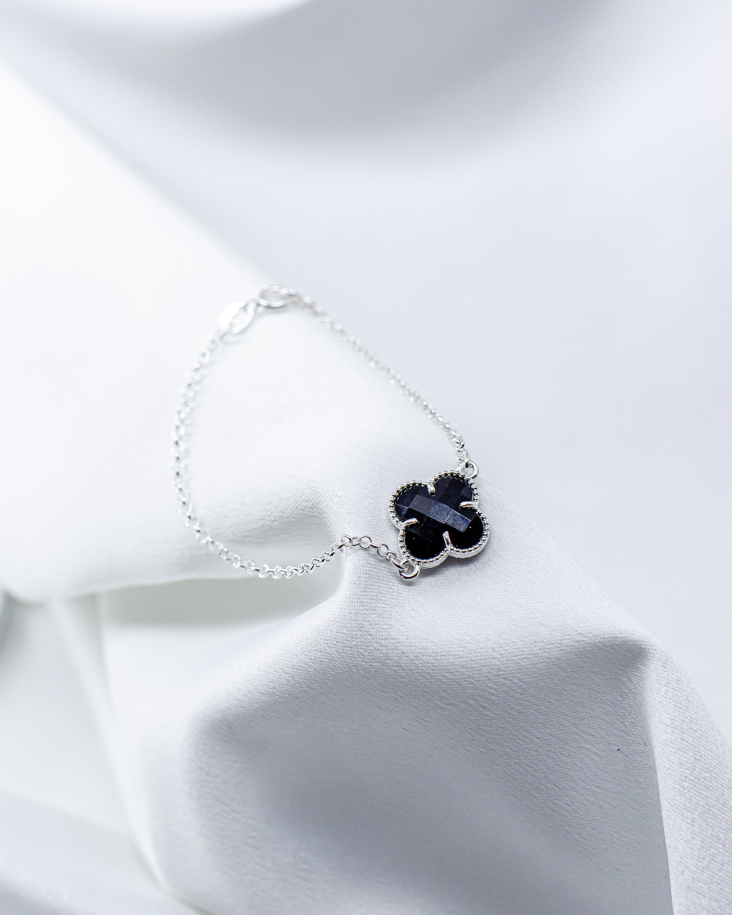 Pulseira Prata 925 Trevo Cristal Preto