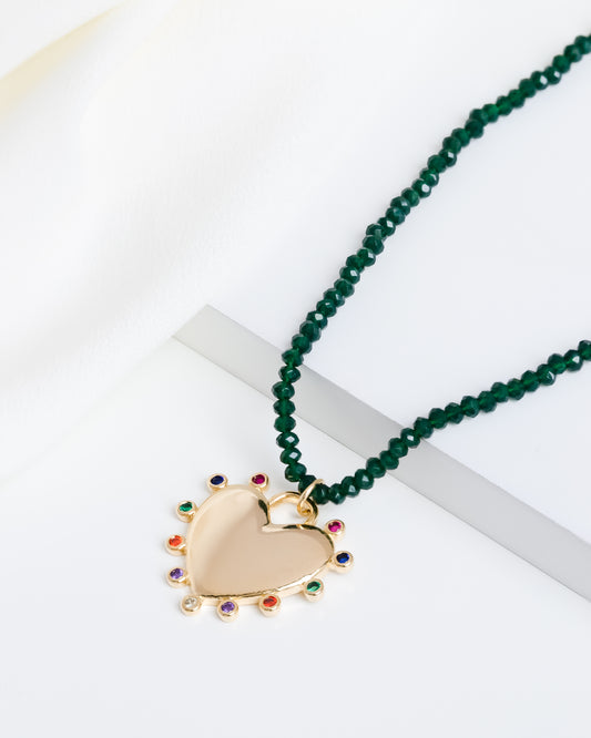 Colar Mini Cristais Verde e Coração