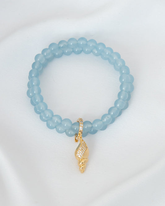 Pulseira Dupla Pedra Natural Jade Azul com Pingente Removível Concha Oval