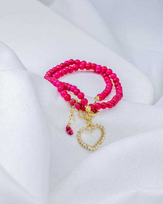 Pulseira 2 Voltas Pedra Natural Jade Pink com Coração Microcravejado