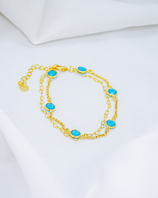 Pulseira Dupla Corações e Pedra Turquesa