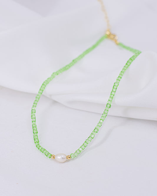 Choker Cristal Quadrado Verde Claro com Pérola de Água Doce