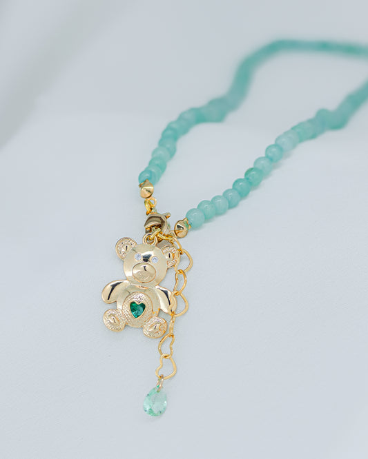 Pulseira 2 Voltas Pedra Natural Verde Água com Pingente Urso