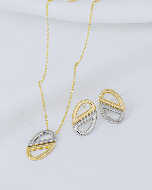 Conjunto Colar e Brinco Oval Ouro e Ródio Branco