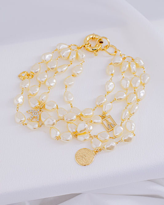 Pulseira Quádrupla Pingente Nossa Senhora, Espírito Santo e Coração