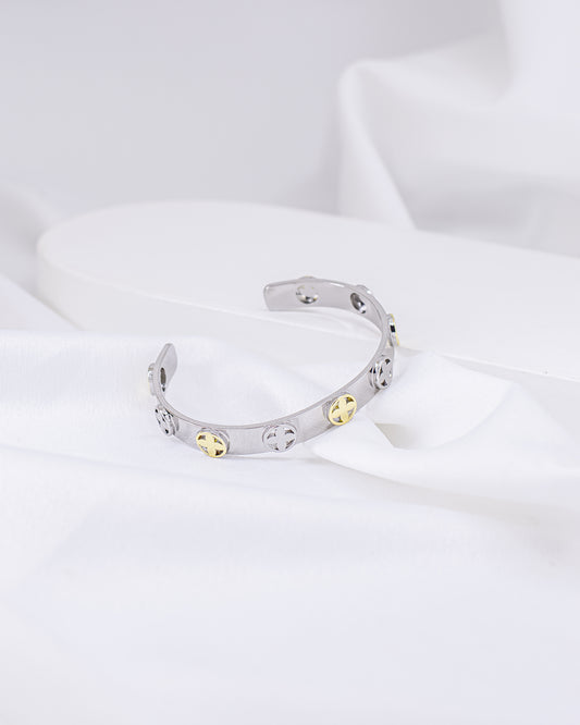 Bracelete Trevos Relevo Ródio Branco e Ouro
