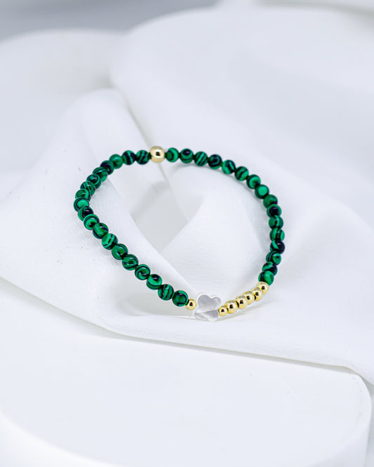 Pulseira Pedra Natural Malaquita com Trevo em Madrepérola