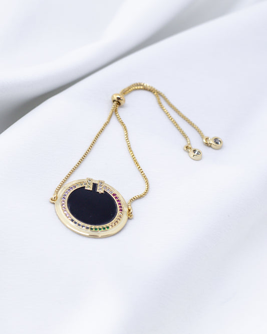 Pulseira Veneziana Regulável com Pingente Redondo Preto e Zircônias Coloridas