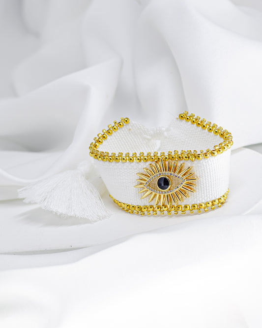 Pulseira de Tecido Branco com Olho Grego Ajustável
