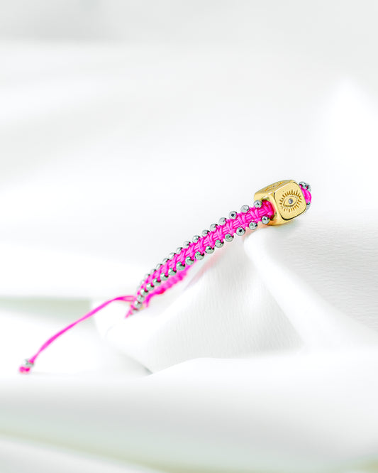 Pulseira Macramê Regulável Olho Grego Pink Neon