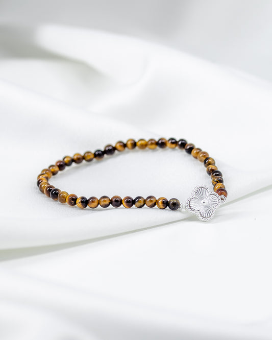 Pulseira Pedra Natural Olho de Tigre com Trevo em Prata 925
