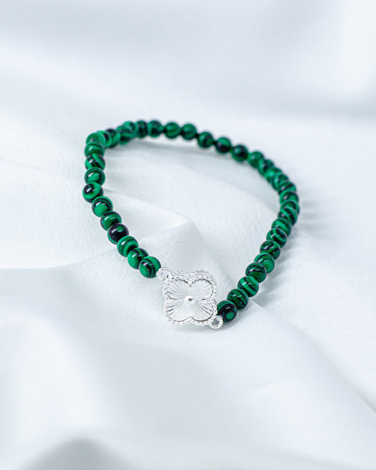 Pulseira Pedra Natural Malaquita com Trevo em Prata 925