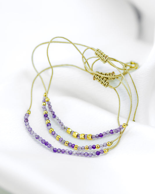 Trio de Pulseiras Macramê Reguláveis Mini Pedras Lilás