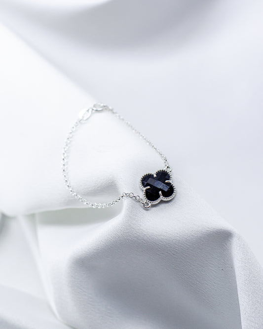 Pulseira Prata 925 Trevo Cristal Preto